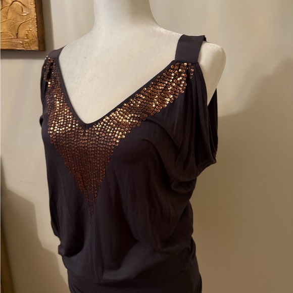 Express Slate Gray cold shoulder Top with Bronze Sequin Detail - Picture 3 of 4